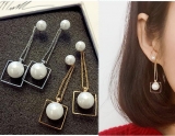 日韩国长款淑女珍珠方形耳环 甜美气质优雅流苏珍珠耳钉