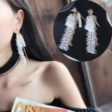 韩国韩国蕾丝刺绣格子丝带飘带长款链条珍珠串耳环耳饰