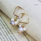 韩国简约珍珠方块锆石高级感设计感小众2019新款耳环