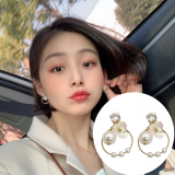 S925银针韩国少女甜美珍珠花朵缕空圆圈锆石耳钉