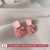 S925银针韩国几何满钻滴釉粉色方块满钻新款网红气质耳钉