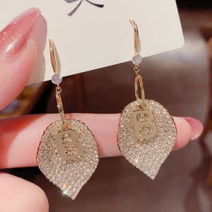 【真金电镀】S925韩国个性树叶新款锆石字母耳圈耳环
