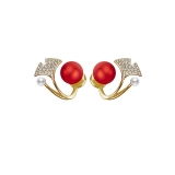 S925银针韩国红色珍珠镶嵌枫叶喜庆爆款时尚个性气质耳环耳钉
