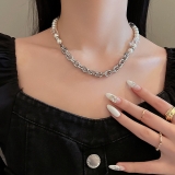 韩国方块水晶珍珠链条手链小众设计颈链嘻哈锁骨链项饰