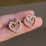 S925银针韩国双爱心珍珠耳饰时尚网红气质耳环耳钉女