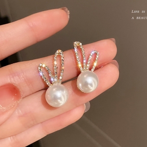 S925银针韩国珍珠镶钻兔耳朵兔子可爱耳环甜美小巧闺蜜耳钉耳饰女