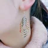 S925银针韩国网红气质设计感长款光面多层叶子耳环耳饰女