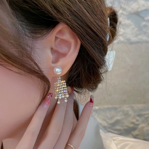 S925银针韩国珍珠镶钻流苏长款气质耳钉耳饰女