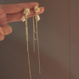 S925银针韩国巴洛克复古珍珠花朵金属流苏法式小众冷淡风耳钉耳饰