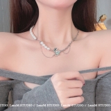 韩国新款复古几何锆石爱心小众设计师款珍珠项链