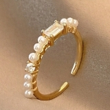 【真金电镀】韩国东大门新款贝珠锆石开口可调节戒指女时尚花朵潮流食指戒指环