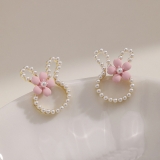 S925银针韩国甜美ins风小兔子时尚款珍珠花朵卡通可爱耳钉耳饰