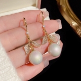 韩国独特设计感满钻树叶珍珠2022年新款潮气质少女耳环耳饰