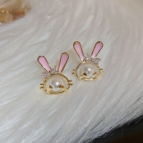 S925银针韩国珍珠兔子甜美时尚气质设计清新耳钉耳饰