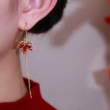 韩国时尚琥珀色镶嵌水晶枫叶气质古风百搭耳线耳饰