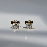 S925银针韩国镶钻方形蝴蝶结气质小众轻奢高级设计感耳钉耳饰