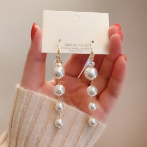S925银针韩国时尚长款流苏锆石小众气质百搭白色珍珠高级设计感耳钉耳饰