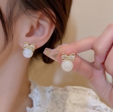 S925银针韩国彩色珍珠蝴蝶结锆石气质高级设计感小众耳钉耳饰