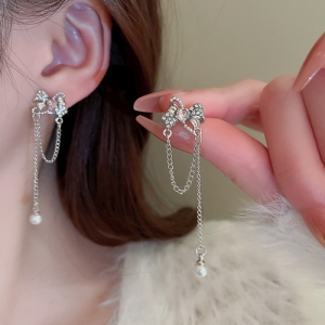 S925银针韩国镶钻爱心蝴蝶结珍珠流苏气质小众个性高级设计感耳钉耳饰