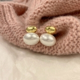 S925银针韩国金色球珍珠复古轻奢小众气质高级设计感耳钉耳饰