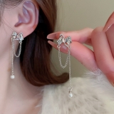S925银针韩国镶钻爱心蝴蝶结珍珠流苏气质小众个性高级设计感耳钉耳饰