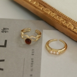 S925韩国法式复古猫眼石个性双层小众气质高级感两件套开口戒指