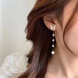 S925银针韩国蝴蝶结流苏珍珠气质小众轻奢一款两戴高级设计感耳钉耳饰