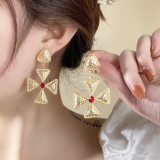 S925银针韩国几何红钻轻奢夸张气质小众高级设计感耳钉耳饰