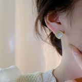 S925银针韩国方形猫眼石气质轻奢小众百搭高级设计感耳钉耳饰