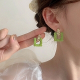 S925银针韩国方形镂空绿色森系小清新气质小众轻奢高级设计感耳钉耳饰