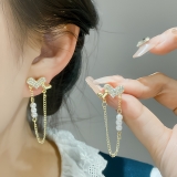 S925银针韩国镶钻爱心珍珠串珠流苏长款轻奢气质小众高级设计感耳钉耳饰