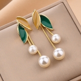 S925银针韩国珍珠叶子长款流苏小众气质轻奢高级设计感耳钉耳饰