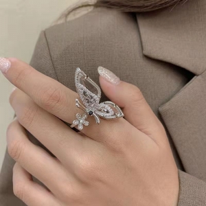 【真金电镀】韩国蝴蝶精致水晶时尚个性气质高级设计感食指开口戒指【环保】