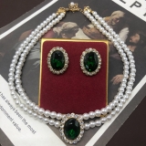 韩国简约复古优雅气质珍珠镶钻双层串珠百搭法式高级设计感锁骨项链耳钉