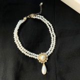 韩国简约复古轻奢镶钻双层珍珠优雅气质锁骨项链
