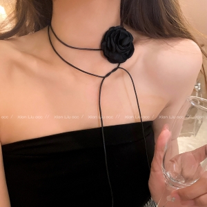 【9号左右】韩国简约布艺黑玫瑰气质小众轻奢高级设计感优雅锁骨项链