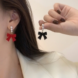 【5号左右】S925银针韩国简约红黑色蝴蝶结珍珠毛绒轻奢小众气质高级设计感耳钉耳饰