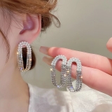 S925银针韩国简约镶钻珍珠椭圆小众轻奢气质百搭高级设计感耳钉耳饰