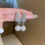 S925银针韩国简约翅膀欧美镶钻珍珠花朵时尚气质方形小众高级设计感耳钉耳饰