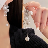 S925银针韩国秋冬珍珠链条流苏耳环气质复古耳钉轻奢高级感耳饰