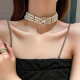 韩国多层珍珠镶钻项链项圈锁骨链设计感网红水钻短款项链项圈气质