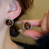 S925银针韩国复古小巧轻奢镶钻方形耳钉简约小众气质高级感几何耳环女