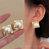 韩国夸张几何方块珍珠耳环方形耳饰女耳环