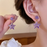 紫色镶钻星星滴油耳钉复古小众气质高级感耳环甜酷风耳饰