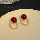 韩国红色珠气质复古港风耳钉赫本高级感法式网红针宫廷礼服耳环